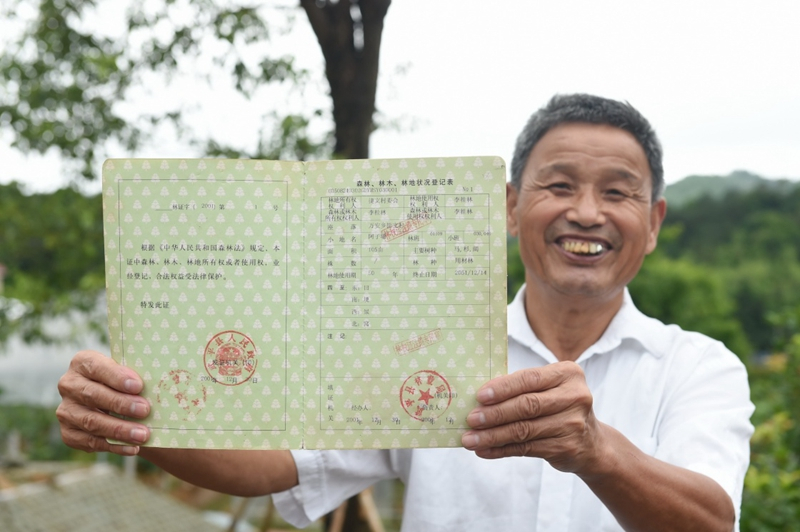 2017年6月13日，福建武平縣萬安鎮(zhèn)捷文村村民李桂林展示林權(quán)改革后領(lǐng)到的全國第一本新式林權(quán)證。