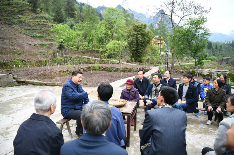 2019年4月15日至17日，中共中央總書記、國家主席、中央軍委主席習(xí)近平在重慶考察，并主持召開解決“兩不愁三保障”突出問題座談會。這是4月15日下午，習(xí)近平在石柱土家族自治縣中益鄉(xiāng)華溪村同村民代表、基層干部、扶貧干部、鄉(xiāng)村醫(yī)生等圍坐在一起，共話脫貧攻堅。新華社記者 謝環(huán)馳 攝