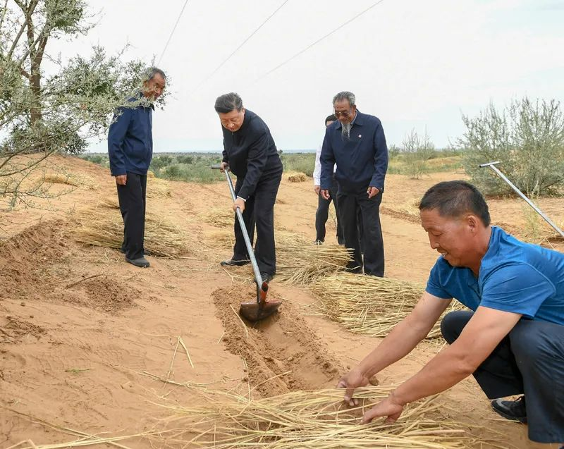 2019年8月21日，習(xí)近平來(lái)到甘肅省武威市古浪縣八步沙林場(chǎng)，實(shí)地察看當(dāng)?shù)刂紊吃炝帧⑸鷳B(tài)保護(hù)等情況。新華社記者 謝環(huán)馳 攝