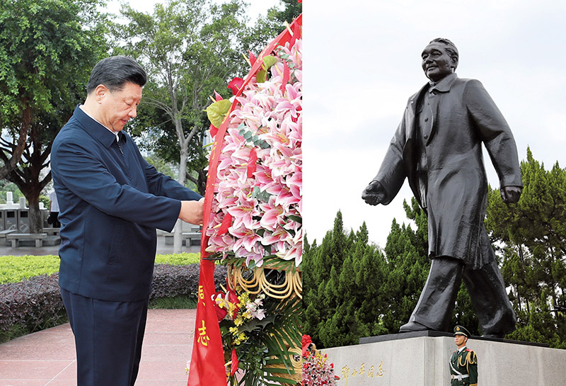 2020年10月14日，習(xí)近平總書記向深圳蓮花山公園鄧小平同志銅像敬獻(xiàn)花籃。