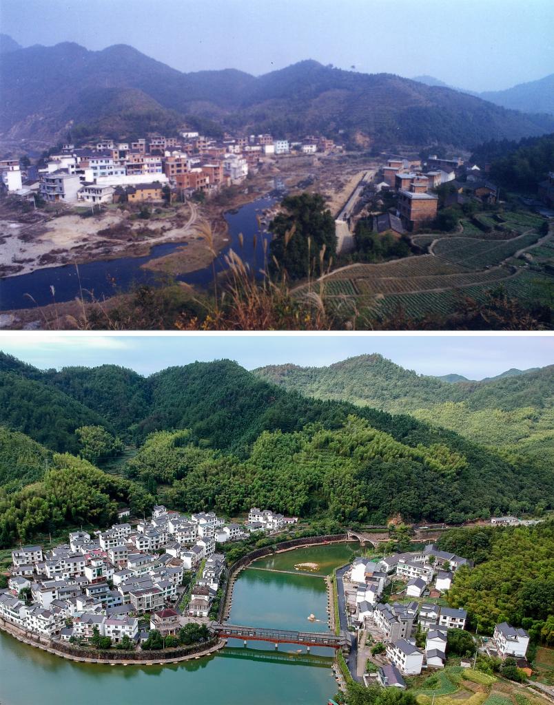 圖為浙江省杭州市淳安縣楓樹嶺鎮(zhèn)下姜村拼版圖，其中上圖為資料照片、下圖由新華社記者張鋮攝。